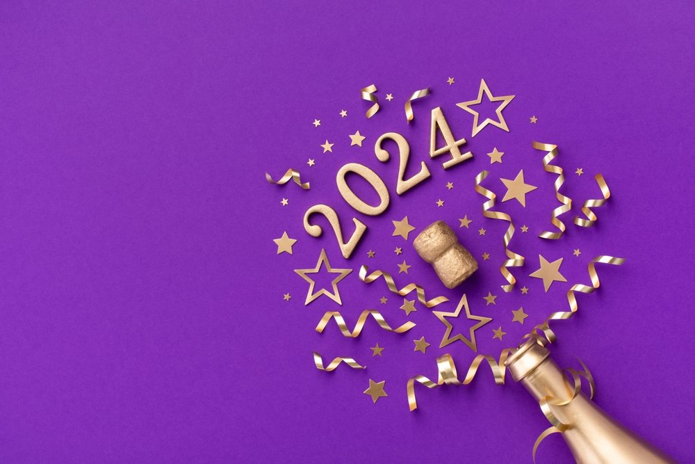 Happy New Year 2024 Wallpaper Hd Background Puprle Lovers Golden 3D